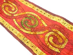 手織り真綿紬縞に抽象模様織出し名古屋帯